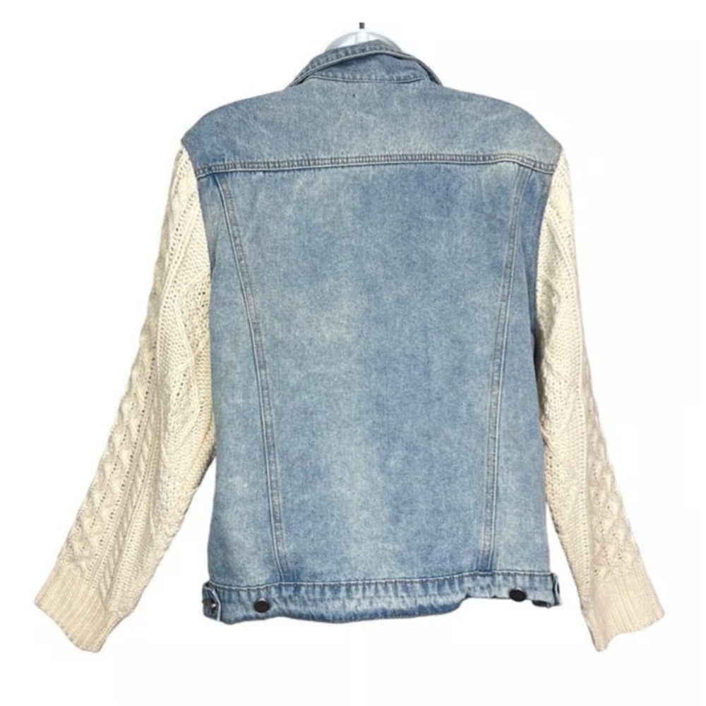UNIF Urban Outfitters Vici Blue Denim Jacket Cream Cable Knit Sleeves Size L - Picture 4 of 13